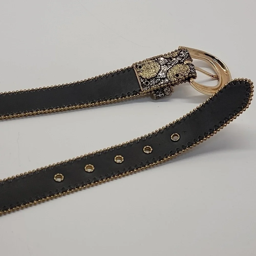 Vtg ELITE Dress Belt Women Sz Small Gold Silver Black Mix Bead Edge Brass Buckle